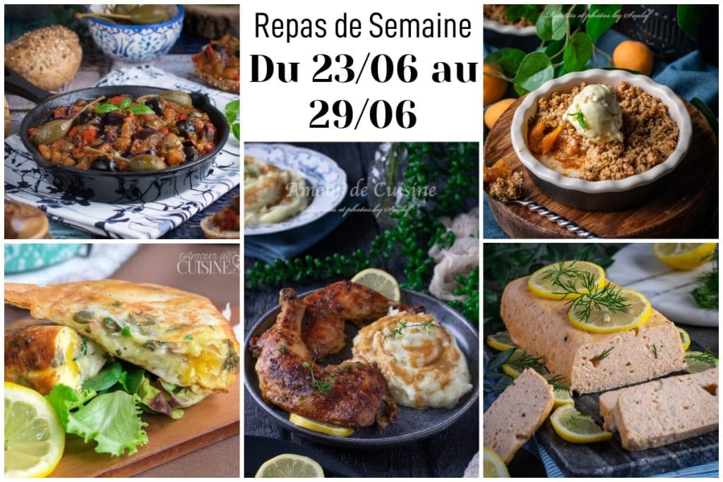 Montage photo de repas de la semaine du 23 juin au 29 juin, comprenant plusieurs plats faits maison : ratatouille, crumble aux abricots avec boule de glace, omelette garnie, cuisse de poulet avec purée, terrine de poisson au citron et plat de gratin