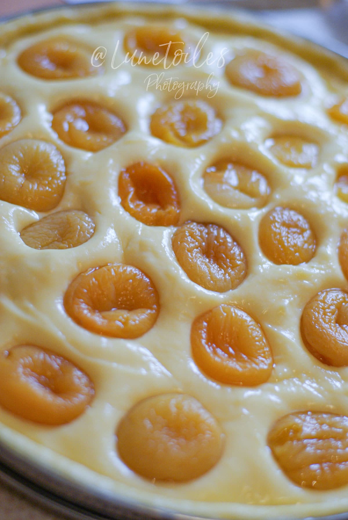 Tarte aux abricots avant cuisson, garnie de crème pâtissière vanillée et d’oreillons d’abricots