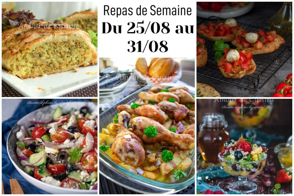 Idées de repas de la semaine du 25 au 31 août – menu économique et équilibré avec tajine el warka tunisien, poulet rôti aux pommes de terre, salade grecque, bruschetta italienne et dessert fruité au miel.