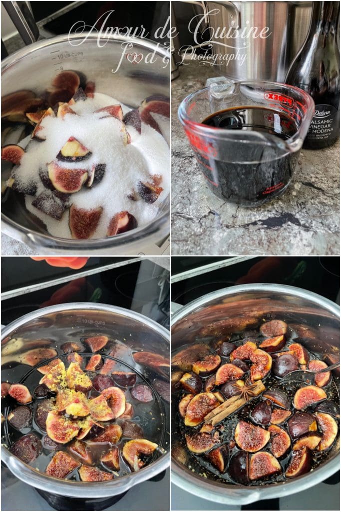 Préparation du confit de figues au vinaigre balsamique : figues fraîches et sucre dans une casserole, vinaigre balsamique dosé, ajout de zestes de citron puis cuisson avec cannelle et badiane