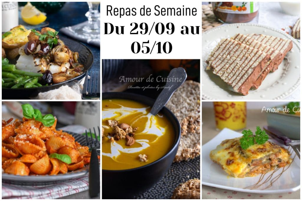 Idées de repas de semaine du 29 septembre au 5 octobre : cabillaud au four avec légumes et olives, pâtes en sauce tomate, soupe de potimarron crémeuse, gratin de légumes au fromage, et gâteau à étages nappé de chocolat