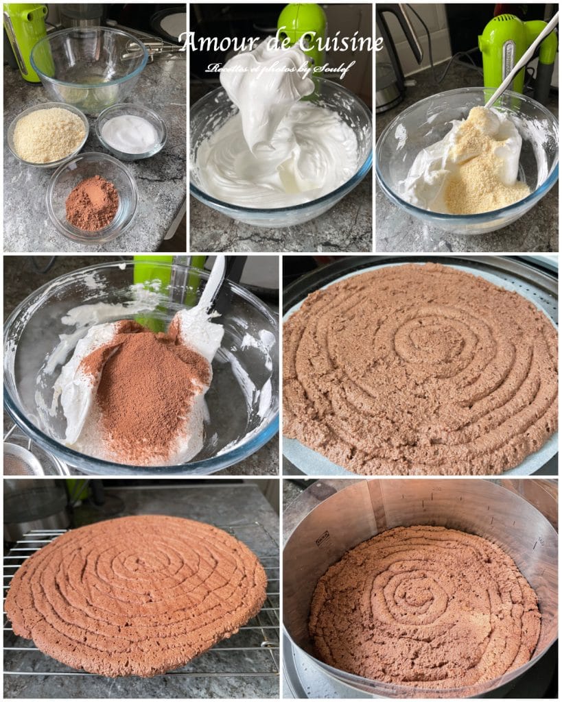Étapes de préparation de la dacquoise cacao en images : ingrédients pesés, blancs d’œufs montés en neige, incorporation de la poudre d’amande et du cacao, mélange délicat, pâte dressée en spirale, cuisson, refroidissement et cercle chemisé pour le montage.