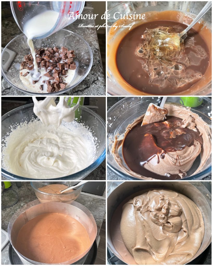 Étapes en images de la préparation de la mousse au chocolat : ganache au chocolat avec lait chaud, ajout de la gélatine, mélange lisse, crème montée, incorporation délicate, mousse homogène, puis versement dans le cercle sur la dacquoise.