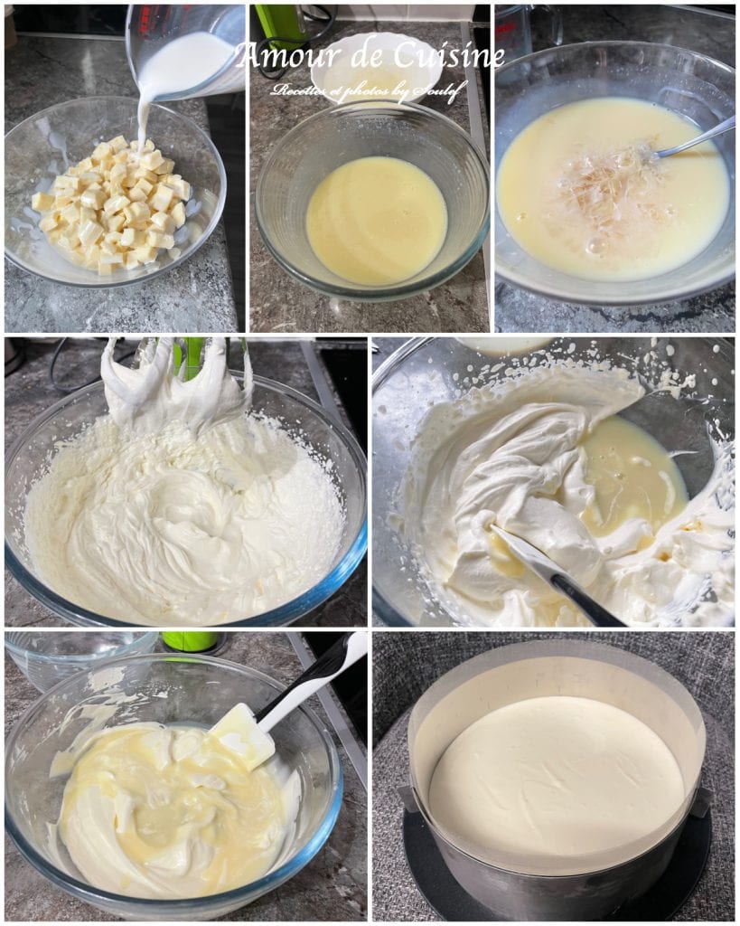 Étapes de la mousse au chocolat blanc en images : lait chaud versé sur le chocolat blanc en morceaux, ganache lisse, ajout de gélatine, crème montée, incorporation délicate, mousse homogène, puis coulage de la mousse dans le cercle pour la dernière couche de l’entremets.