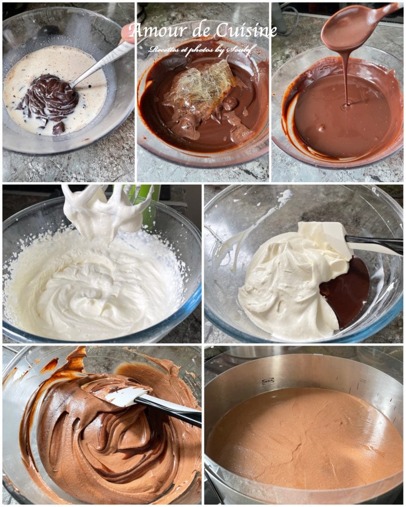 Étapes illustrées de la préparation de la mousse au chocolat au lait : lait chaud versé sur le chocolat, ajout de la gélatine, crème montée, mélange délicat des deux appareils, puis mousse coulée sur la première couche dans le cercle.