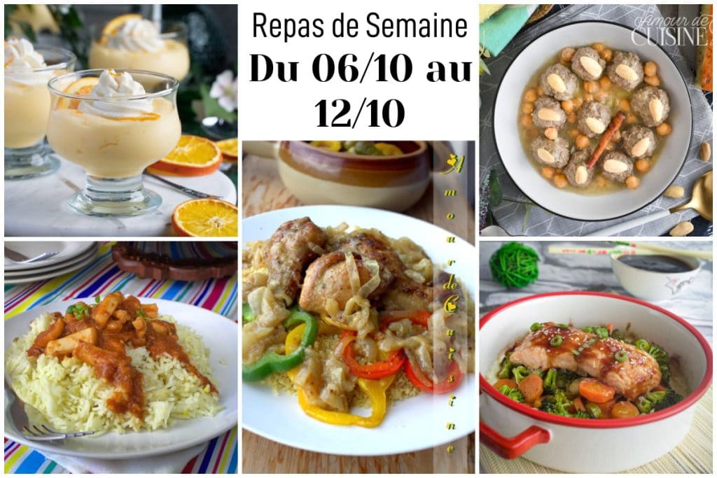 Idées de repas de semaine du 6 au 12 octobre : mousse à l’orange crémeuse, boulettes aux pois chiches et amandes, poulet aux poivrons et oignons, cabillaud en sauce tomate sur riz, et saumon teriyaki au four avec légumes.