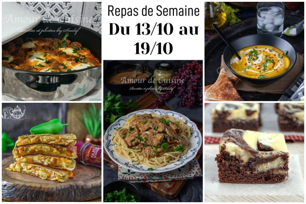 Organisation des dîners de semaine (13/10-19/10) : cocotte gratinée, soupe de courge, quesadillas, spaghetti crémeux aux champignons, brownies marbrés.
