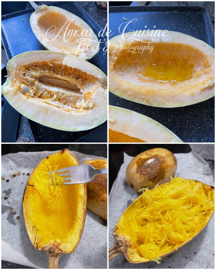 Étapes de préparation de la courge spaghetti : courge coupée en deux avec les graines retirées, arrosée d’huile avant cuisson, puis chair cuite détachée en filaments à la fourchette après passage au four.