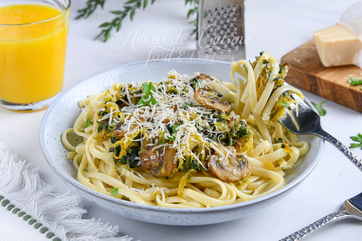 pates a la courge spaghetti epinards et champignons