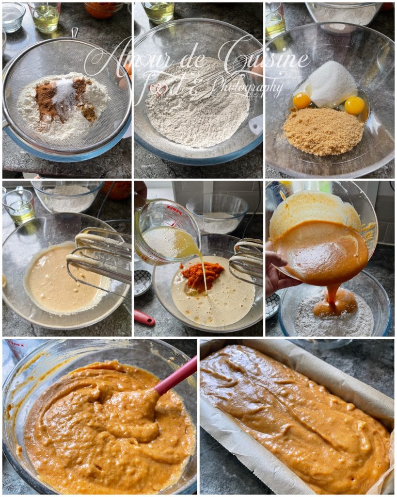 Pumpkin bread preparation steps: sifting the dry ingredients, mixing the eggs, sugars, and pumpkin purée, combining the wet and dry ingredients, gently mixing the batter, and finally pouring the mixture into a loaf pan ready for baking.