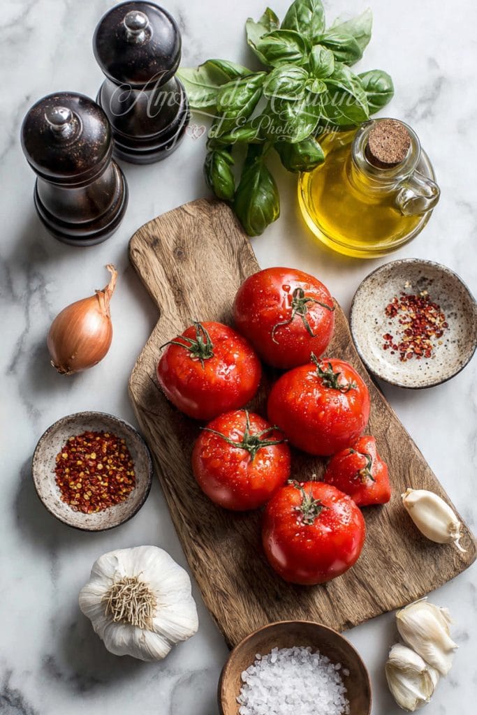 Vue du dessus des ingrédients pour une sauce arrabbiata : tomates fraîches sur une planche en bois, basilic, huile d’olive, ail, échalote, flocons de piment, gros sel et moulins à poivre, disposés sur un plan de travail en marbre.