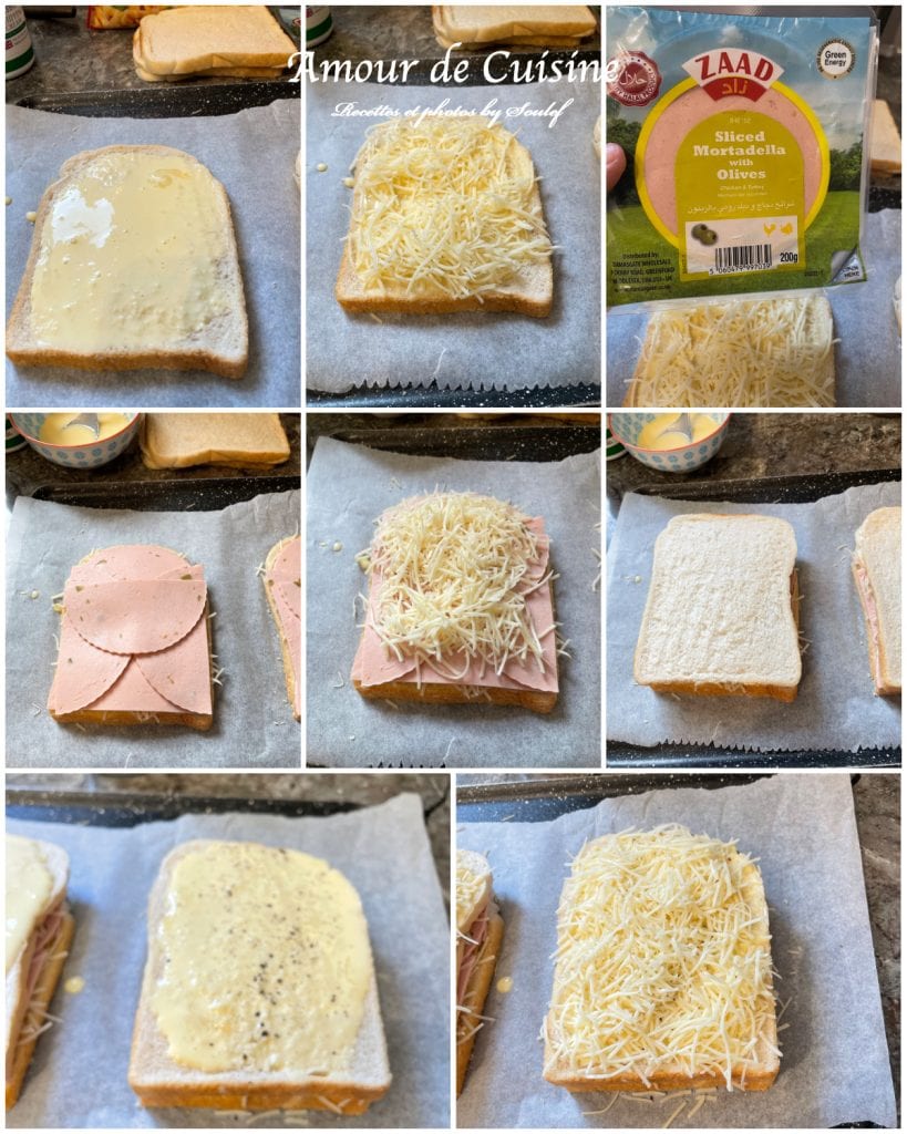 Étapes de préparation du croque-monsieur à la mortadelle sans béchamel : collage de photos montrant l’imbibage du pain avec le mélange œuf-lait-crème, ajout du fromage râpé, de la mortadelle, du poivre, puis superposition des tranches de pain et d’une dernière couche de fromage, le tout prêt à être enfourné sur une plaque recouverte de papier cuisson.