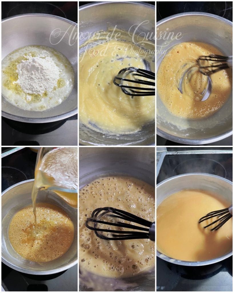 Montage de six étapes montrant la préparation d’une sauce brune : beurre fondu et farine dans une casserole, mélange fouetté formant un roux, roux qui fonce progressivement, ajout du bouillon chaud, sauce qui épaissit en bouillonnant, puis texture finale lisse fouettée sur feu doux.