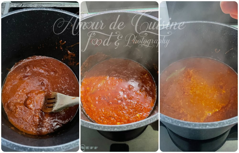 Collage montrant les étapes de cuisson de la sauce pour la loubia : mélange tomate–dersa mijotant dans une marmite, séparation de l’huile, puis sauce rouge bouillante avec une feuille de laurier.