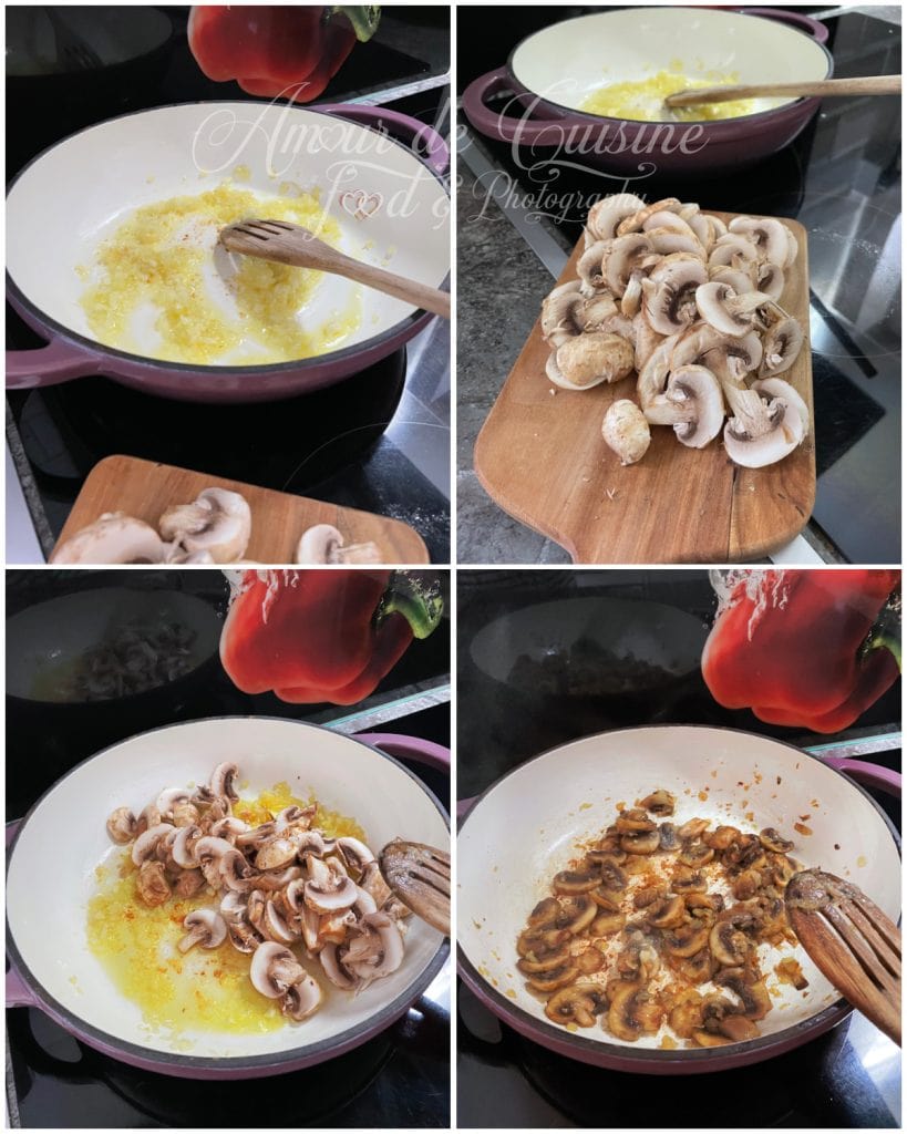 Collage de quatre photos montrant les étapes de préparation du pilaf : oignons revenus dans une poêle, champignons tranchés sur une planche, ajout des champignons dans la poêle, puis cuisson jusqu’à réduction et dorure.