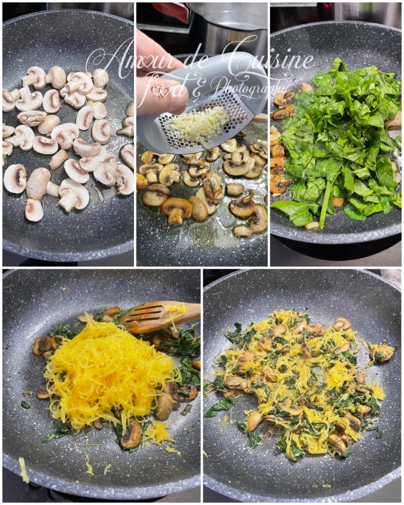 Préparation de la garniture : champignons en cuisson à la poêle, ajout d’ail râpé, intégration des épinards, puis mélange avec la courge spaghetti cuite pour obtenir une sautée de légumes parfumée.