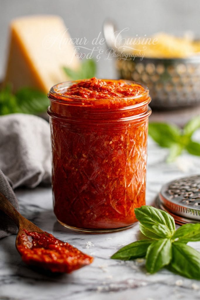 Un bocal en verre rempli de sauce arrabbiata maison épaisse posé sur un plan en marbre, avec une cuillère en bois garnie de sauce au premier plan et du basilic frais et du parmesan en arrière-plan.