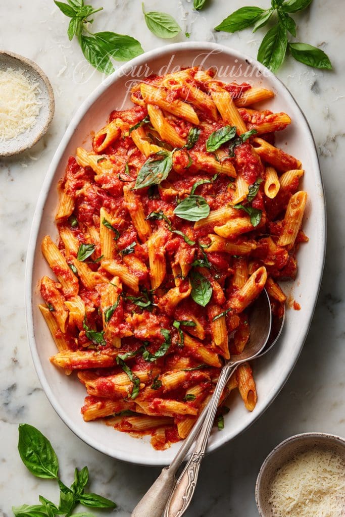 Un grand plat ovale rempli de penne nappées d’une sauce arrabbiata rouge vif, parsemées de feuilles de basilic frais, avec une cuillère de service sur le côté et des bols de parmesan râpé autour.