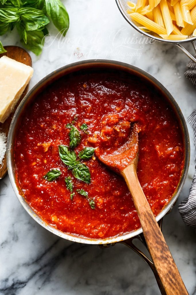 Une poêle remplie de sauce arrabbiata épaisse et rouge vif qui mijote sur un plan de travail en marbre, décorée de feuilles de basilic frais, avec une cuillère en bois posée dedans et, autour, des penne, du basilic et du parmesan.