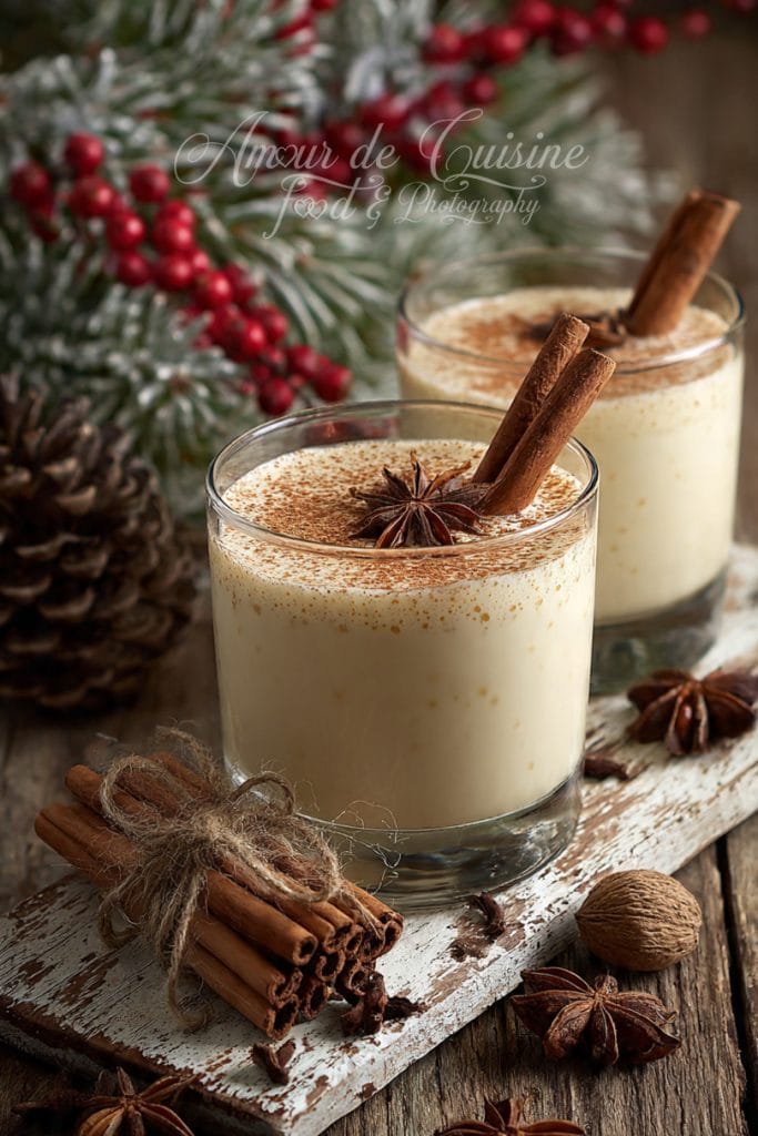 Deux verres de lait de poule crémeux garnis de bâtons de cannelle et d’anis étoilé, posés sur une planche en bois rustique, entourés d’épices d’hiver, de pommes de pin et de branches décoratives aux baies rouges pour une ambiance festive de Noël.