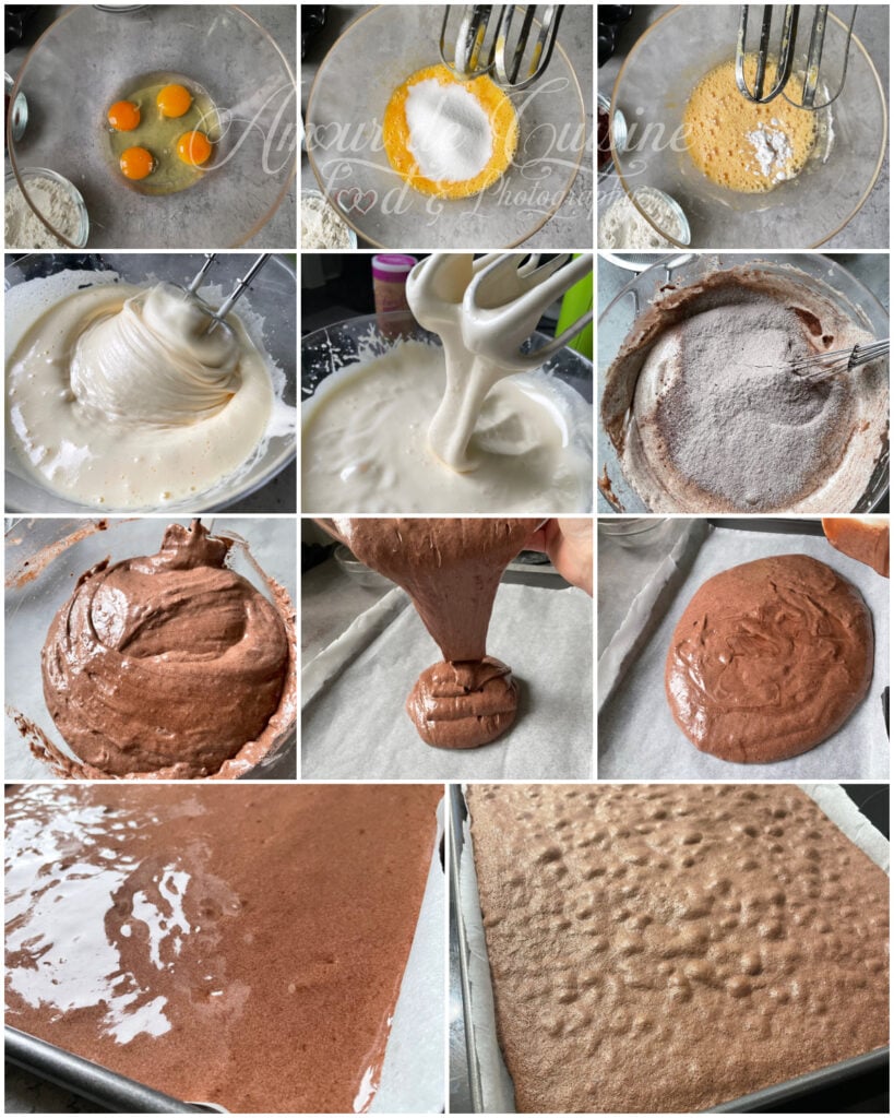 Montage de neuf étapes pour préparer une génoise cacao : œufs et sucre fouettés en mousse, ajout des ingrédients secs, pâte chocolatée aérienne versée sur une plaque recouverte de papier cuisson puis cuite en fine couche pour réaliser un biscuit roulé.