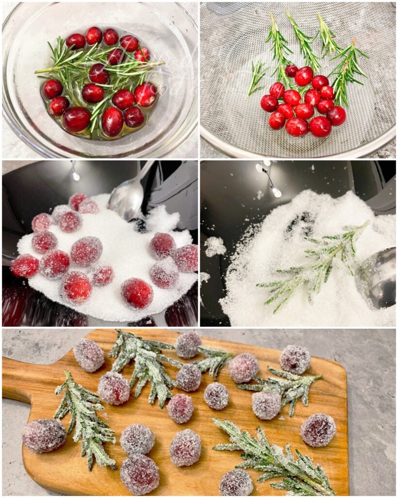 Montage de cinq étapes montrant la préparation de canneberges et brins de romarin cristallisés : trempés dans un sirop, égouttés, roulés dans le sucre puis disposés sur une planche en bois pour sécher et devenir givrés.