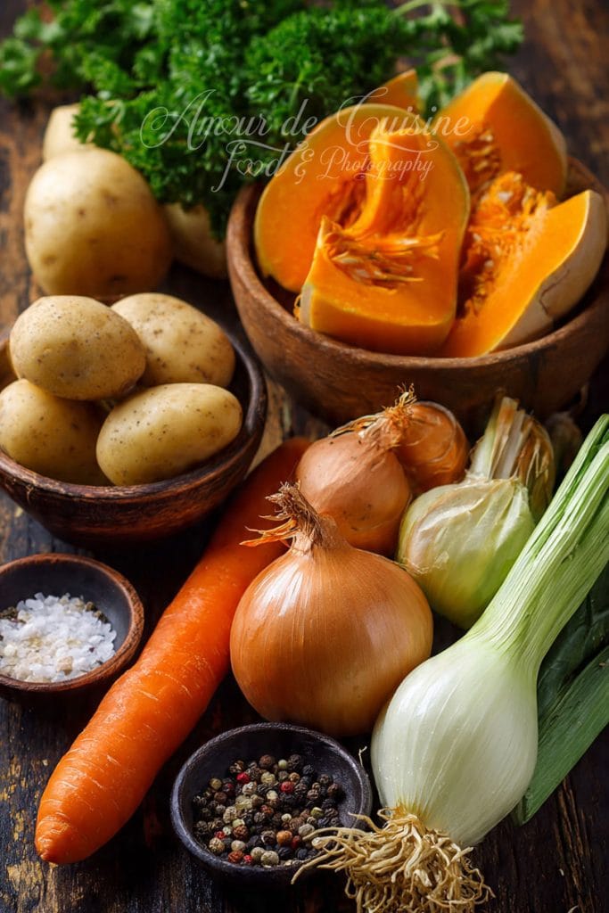 Ingrédients frais pour une soupe de légumes rôtis : morceaux de courge butternut, pommes de terre, oignons, carotte, fenouil, persil, sel et poivre disposés sur une table rustique.