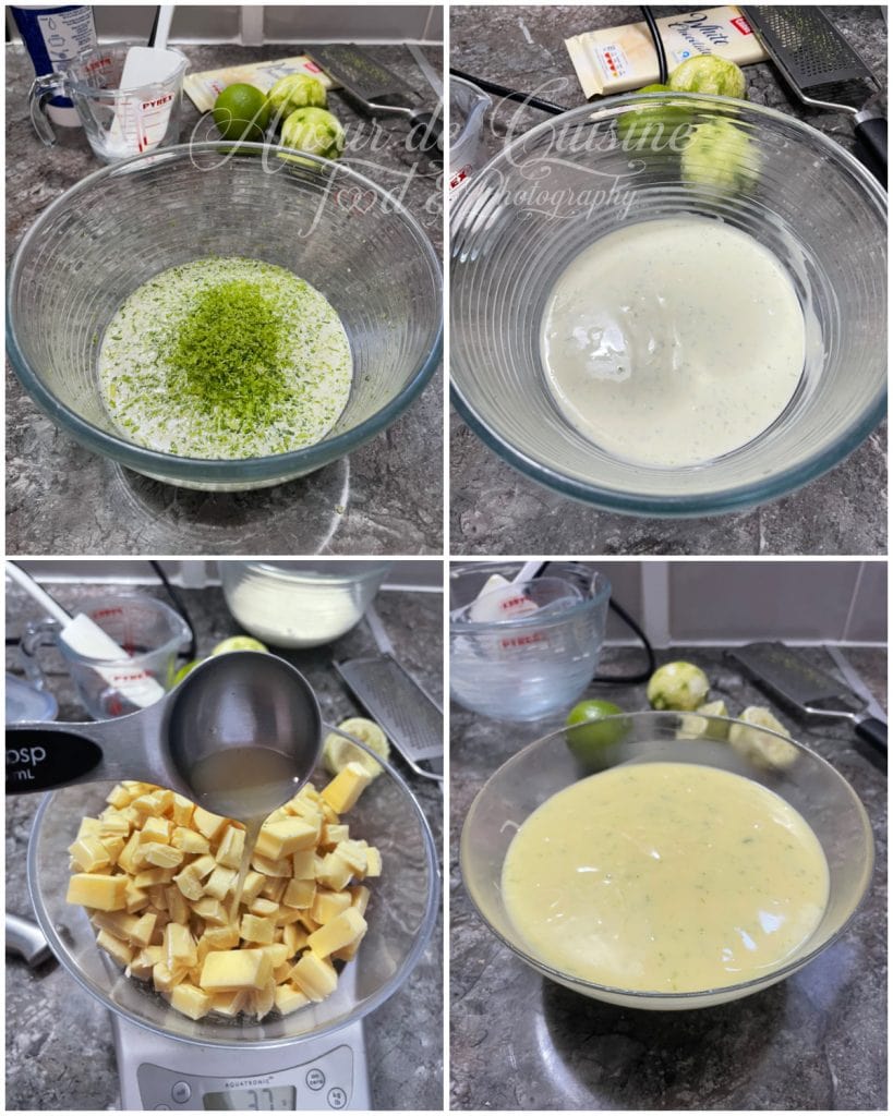Four-step collage showing the preparation of Key Lime Pie truffles. Image 1: lime zest added to warm cream in a glass bowl. Image 2: infused cream mixture after resting. Image 3: fresh lime juice poured over chopped white chocolate in a bowl. Image 4: smooth lime-infused white chocolate ganache ready to chill, with limes and kitchen tools in the background.