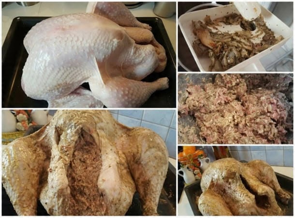 Montage de cinq photos montrant la préparation d’une dinde farcie : en haut à gauche, dinde crue posée sur une plaque ; en haut à droite, poêle de champignons et oignons revenus ; au centre droite, mélange de viande hachée et farce crue ; en bas à gauche, dinde ouverte généreusement garnie de farce ; en bas à droite, dinde rôtie entière, dorée et croustillante sur sa plaque de cuisson.