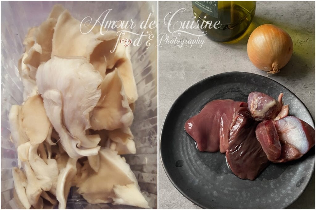Montage de deux photos : à gauche, gros plan sur des champignons pleurotes frais dans un récipient transparent ; à droite, assiette noire remplie d’abats de dinde crus (foie, cœur, gésier) posée sur un plan de travail gris, avec une bouteille d’huile d’olive et un oignon entier en arrière-plan.