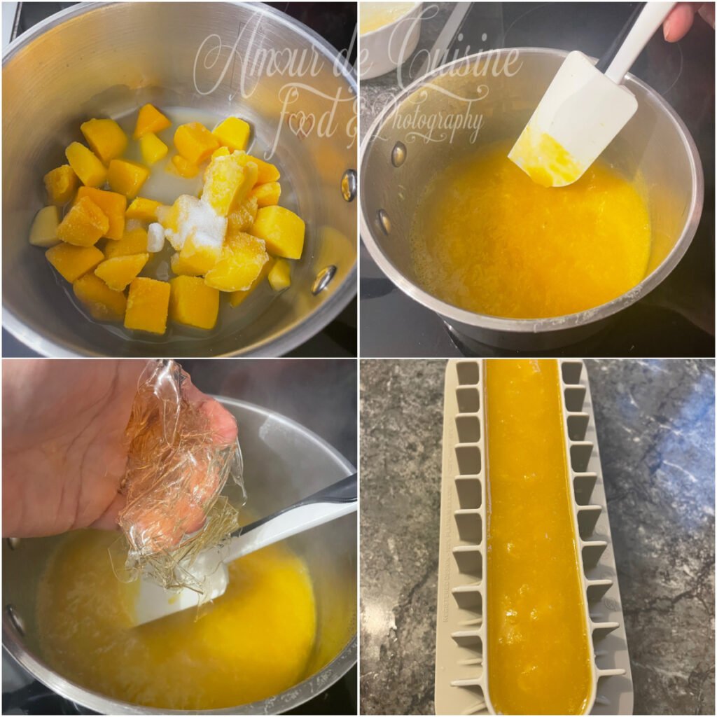 Montage étape par étape de l’insert mangue : dés de mangue avec sucre et jus dans une casserole, purée chauffée, ajout de la gélatine essorée, puis insert mangue coulé dans un moule et placé au congélateur.