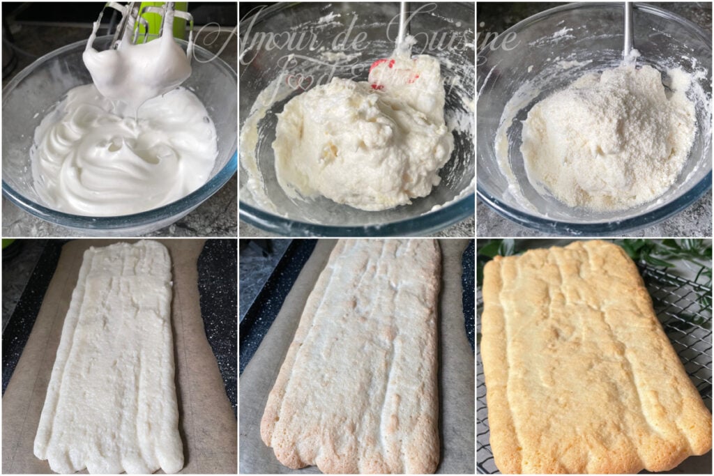 Étapes de la dacquoise coco : blancs d’œufs montés en neige, incorporation du mélange coco-amandes-sucre glace, pâte pochée en rectangle sur papier cuisson, puis dacquoise cuite et dorée en refroidissement sur grille.