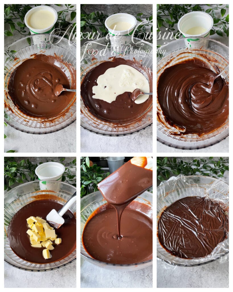 Montage de six étapes pour préparer une ganache au chocolat : chocolat fondu dans un bol, ajout de crème liquide et mélange, incorporation de morceaux de beurre, ganache lisse versée puis recouverte de film alimentaire, avec pot de crème et feuillage en décor.