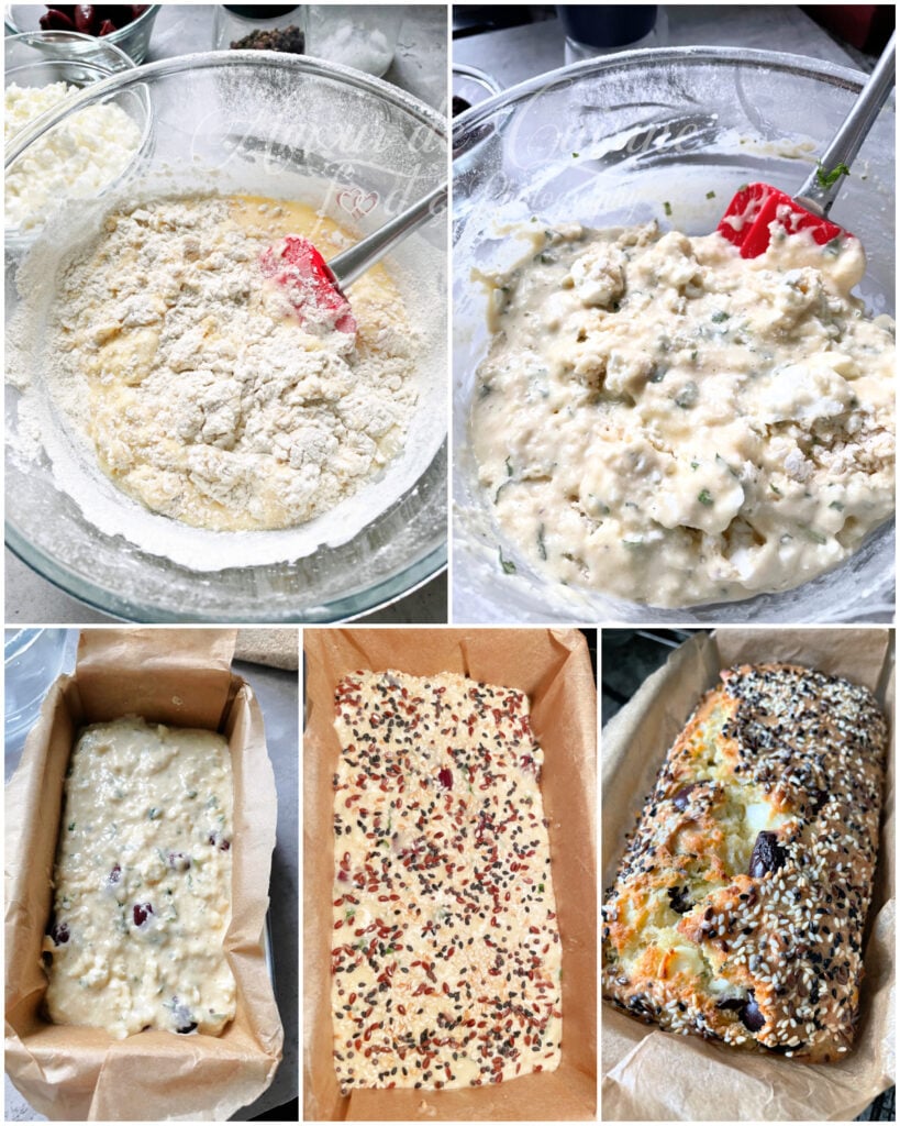 Montage étape par étape du cake salé à la feta, menthe et olives Kalamata : mélange de la pâte dans un saladier, ajout de la garniture, pâte versée dans le moule chemisé, surface parsemée de graines, puis cake doré et gonflé à la sortie du four.