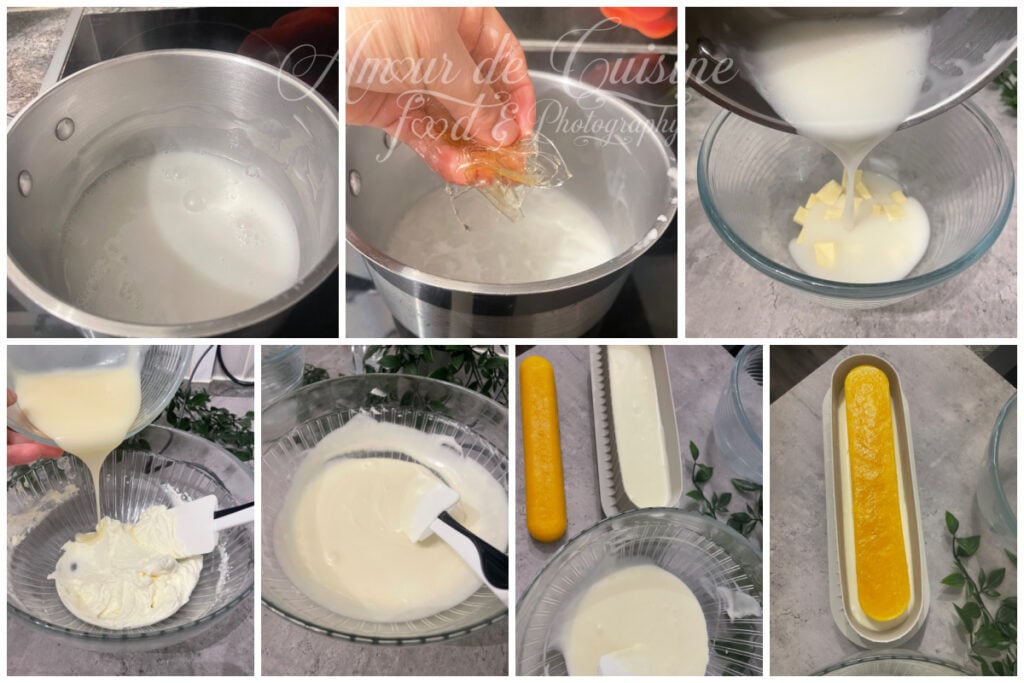 Étapes du crémeux coco et du 1er montage : lait de coco chauffé avec sucre, ajout de la gélatine, mélange versé sur le chocolat blanc, émulsion puis incorporation à la chantilly, crémeux coulé dans le moule et insert mangue déposé avant congélation.