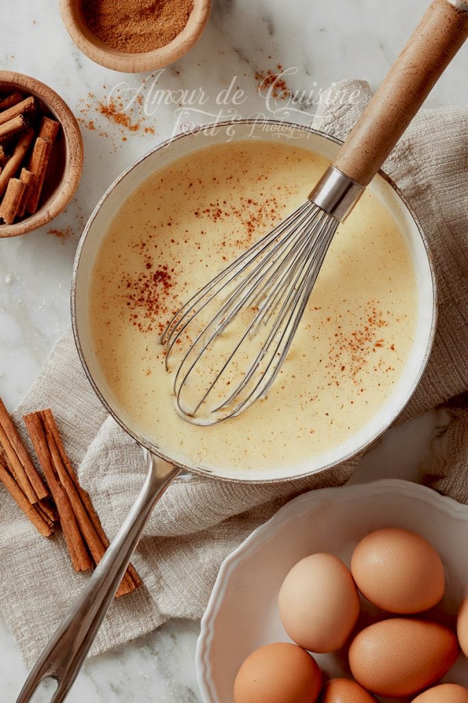Casserole remplie de lait de poule en préparation, parsemée de muscade, avec un fouet en métal posé dedans, entourée de bâtons de cannelle, d’un bol d’œufs frais et d’un petit bol d’épices, sur un plan de travail en marbre pour une ambiance culinaire chaleureuse.