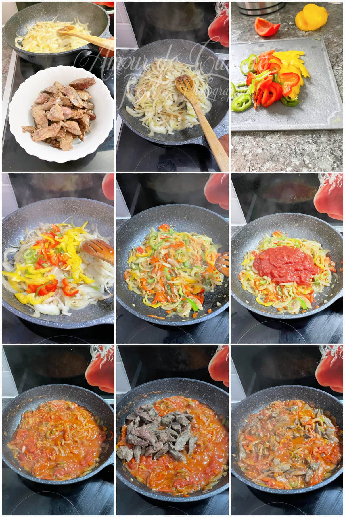 Collage étape par étape de la kebda à la chakchouka : oignons revenus, poivrons émincés ajoutés, sauce tomate mijotée, puis foie d’agneau incorporé et cuisson finale à la poêle.