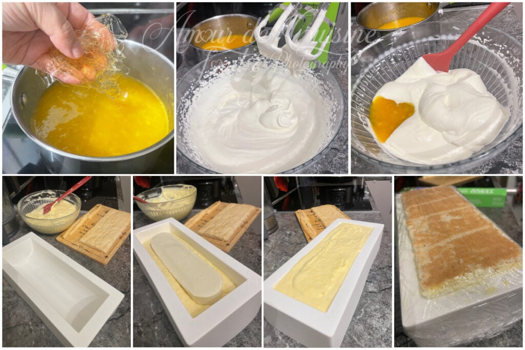 Étapes de la mousse mangue et du 2e montage : ajout de la gélatine à la purée de mangue, crème montée en chantilly, incorporation de la purée à la crème, mousse versée dans le moule à bûche, insert coco-mangue placé au centre, puis dacquoise ajoutée avant congélation.