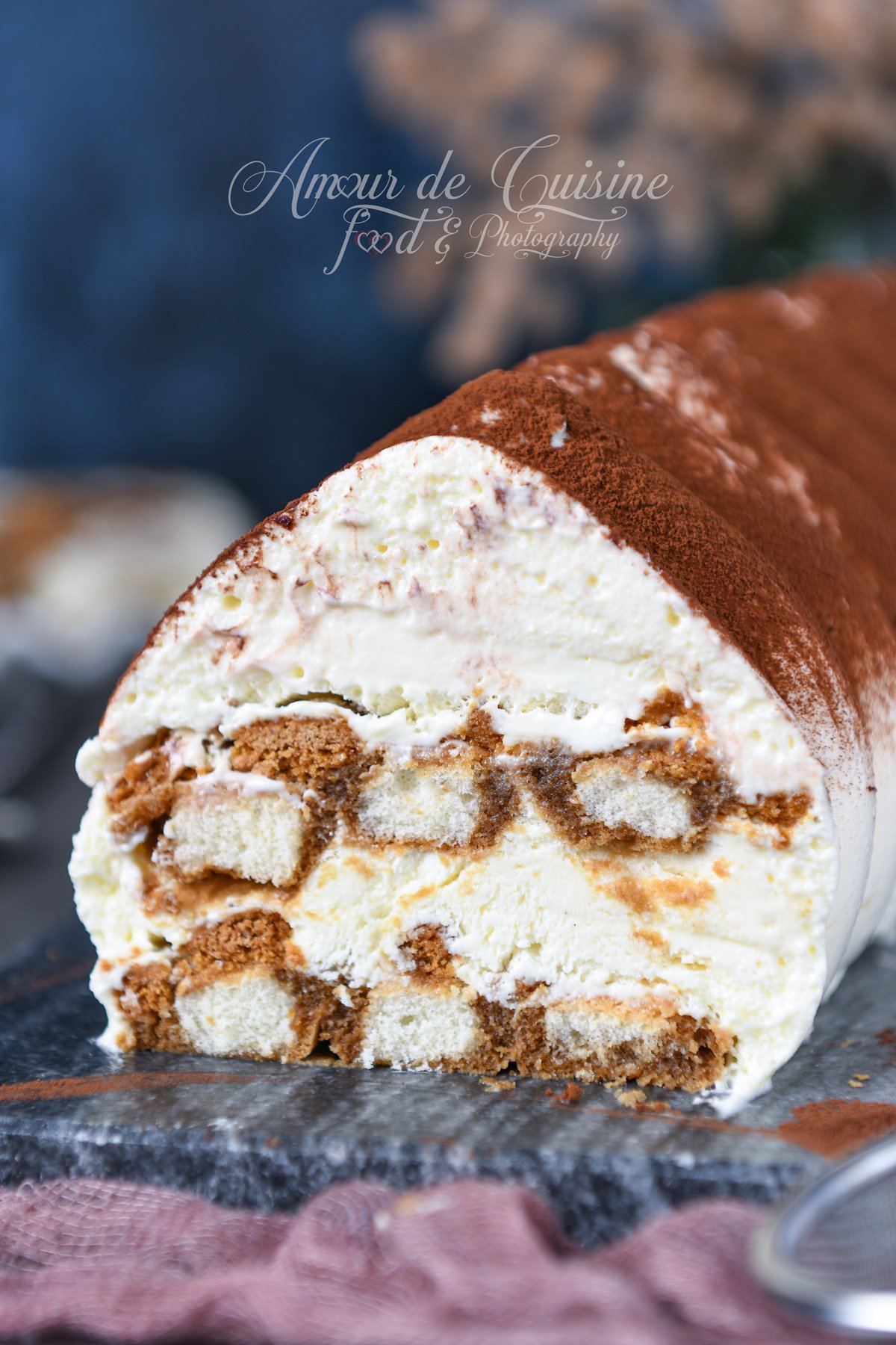 Gros plan sur l’extrémité d’une bûche tiramisu au mascarpone, saupoudrée de cacao, avec les couches de crème et biscuits cuillère imbibés au café bien visibles, posée sur une ardoise.