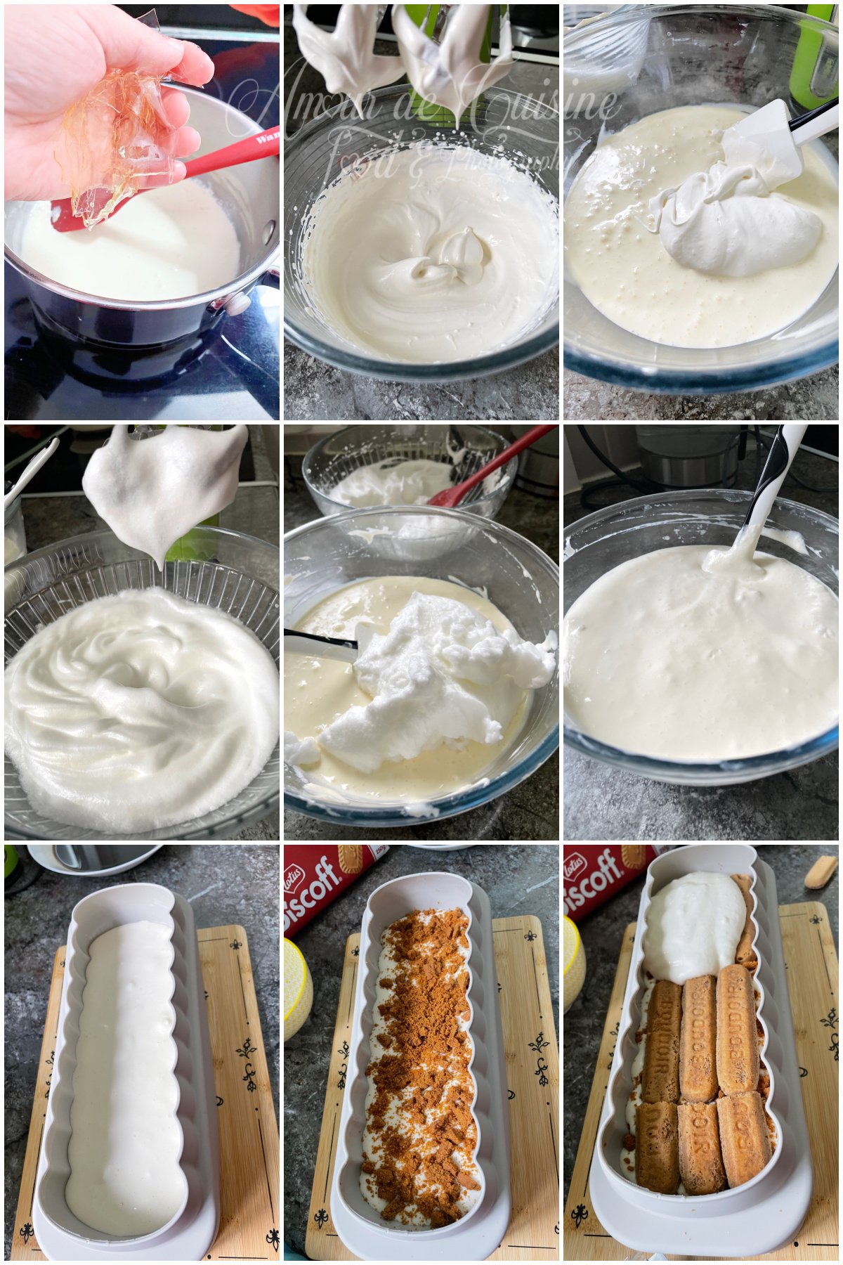 Collage étape par étape de la bûche tiramisu : gélatine dissoute dans la crème chaude, chantilly montée, incorporation à la crème mascarpone, blancs en neige, mélange aérien, puis montage dans le moule avec spéculoos concassés et biscuits cuillère.