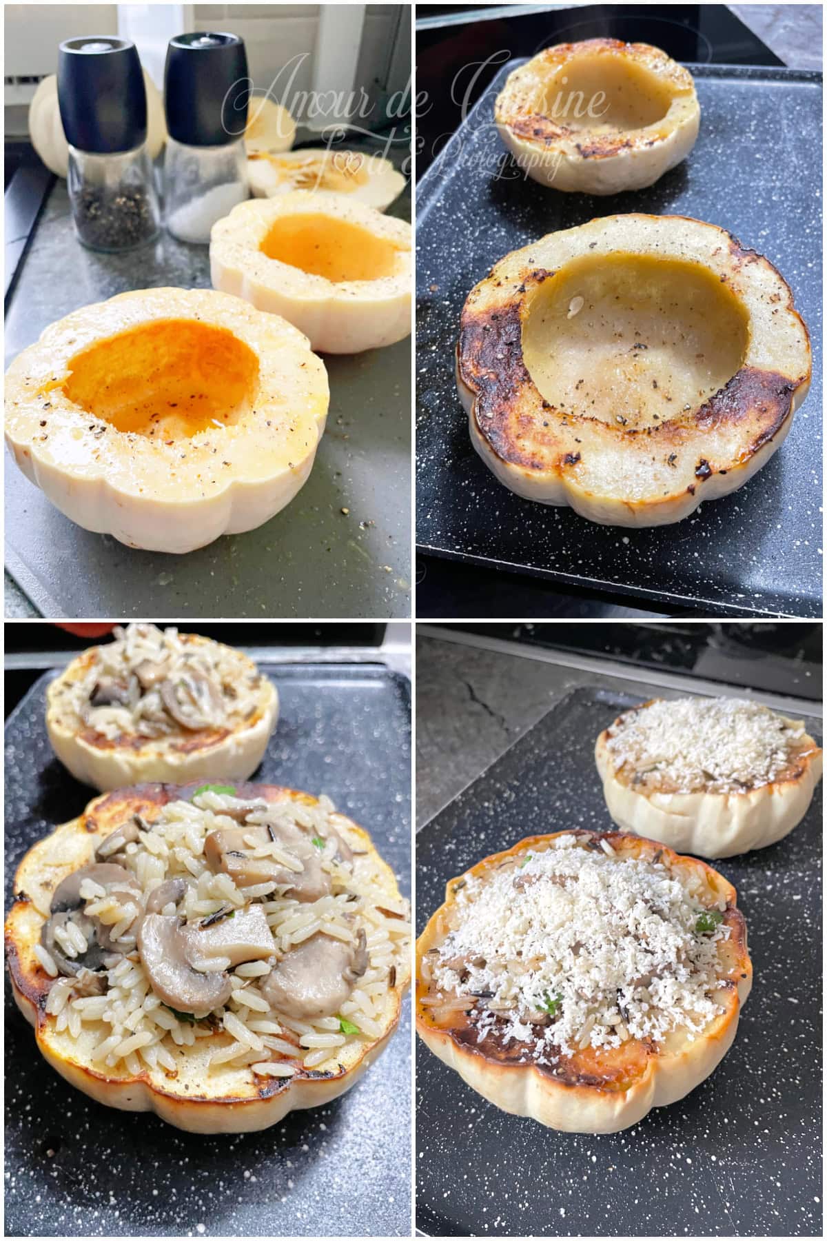 Montage en quatre étapes de la courge Casperita farcie : courges évidées assaisonnées, précuites au four, garnies de riz et champignons, puis recouvertes de parmesan avant gratinage.