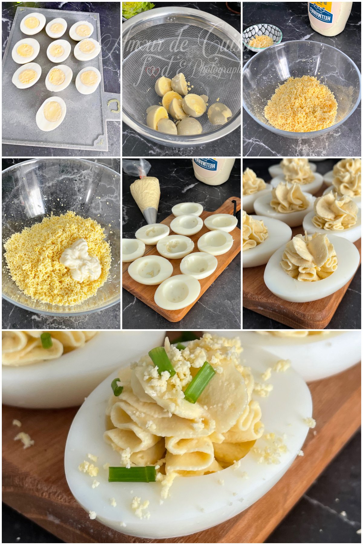 Montage étapes des oeufs mimosa : demi-œufs durs, jaunes passés au tamis, mélange avec mayonnaise, garniture à la poche à douille, puis finition au jaune émietté et à la ciboulette.