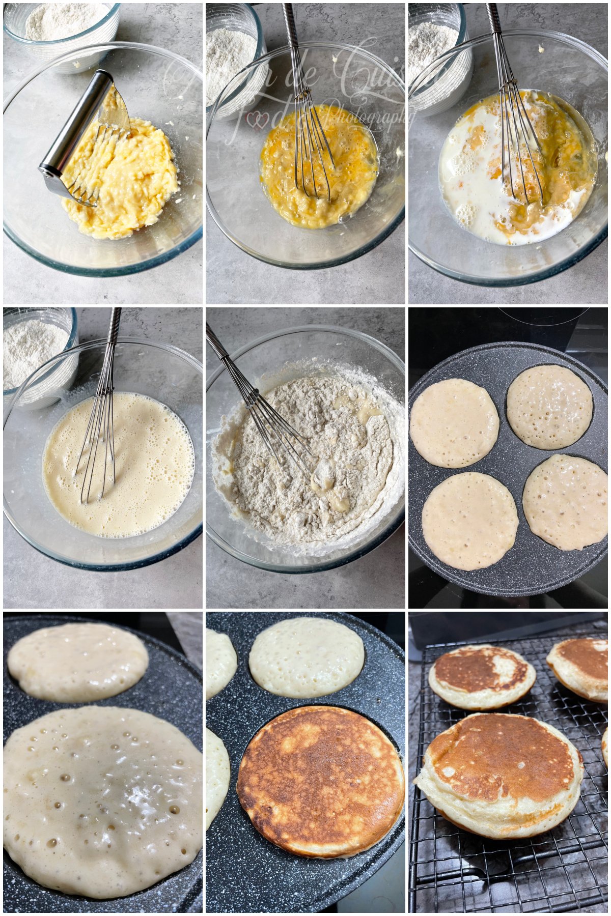Step-by-step collage of banana pancakes: mashed bananas, eggs added then milk, whisked batter, dry ingredients folded in, batter spooned onto a pan until bubbles form, pancakes flipped, then golden pancakes set on a cooling rack.