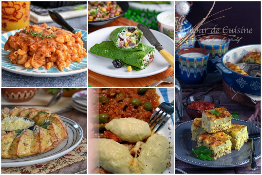 Montage de plats au thon : gratin de pâtes au thon, wrap d’épinards au thon, quenelles au thon en sauce, bricks au thon, boulettes de riz au thon, et tajine tunisien au thon coupé en carrés.