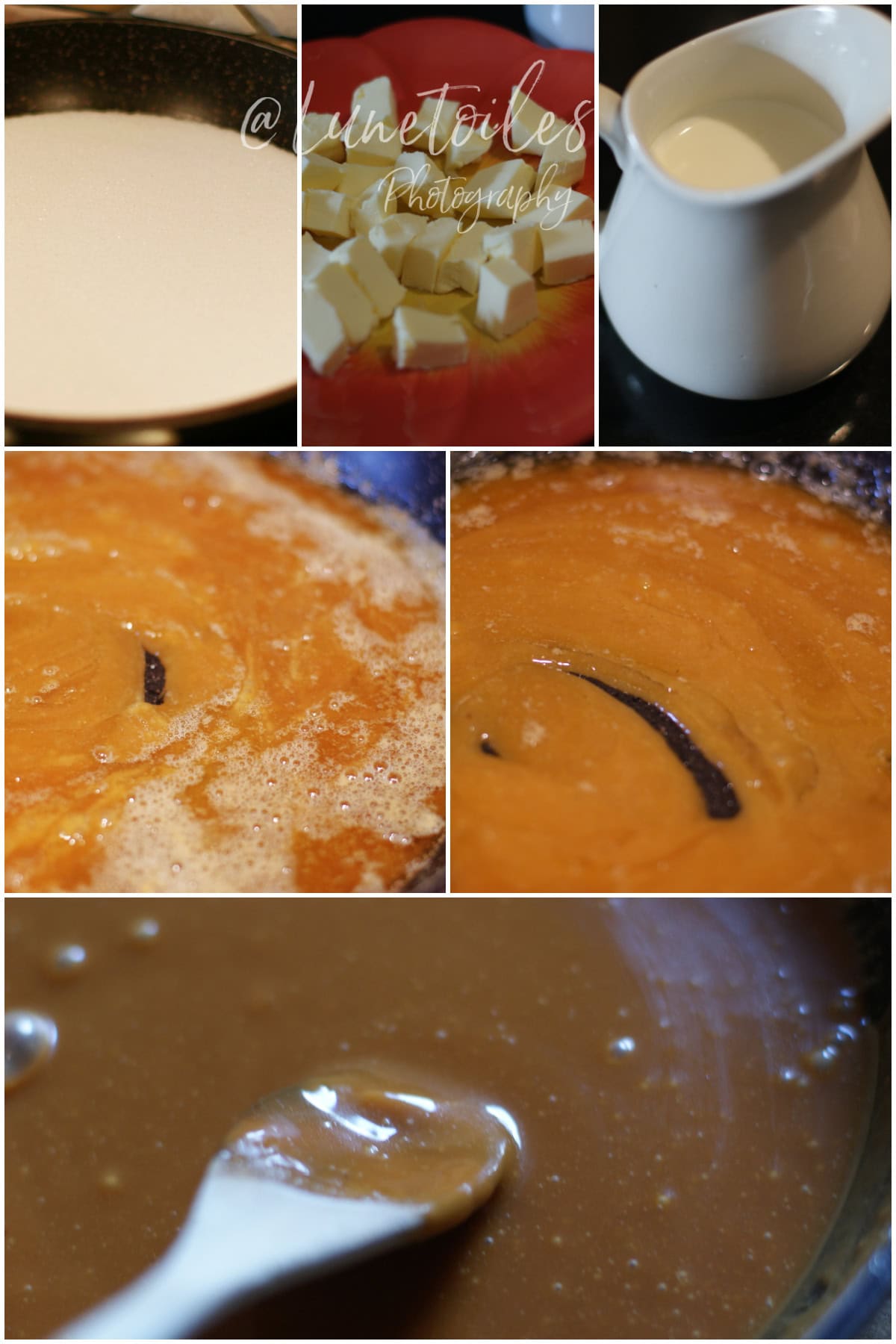 Montage étape par étape du caramel au beurre salé : sucre dans la poêle, beurre en dés, crème chauffée, caramel ambré avec une gousse de vanille, puis sauce lisse et brillante en fin de cuisson.