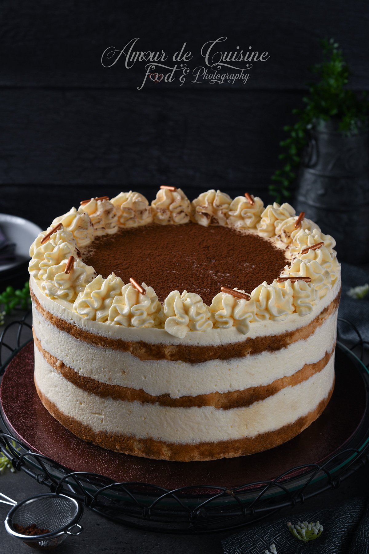 Gâteau tiramisu façon layer cake entier sur un plateau, avec des couches visibles de génoise imbibée au café et de mousse mascarpone, décoré d’un cercle de rosaces de crème, saupoudré de cacao au centre, sur fond sombre.