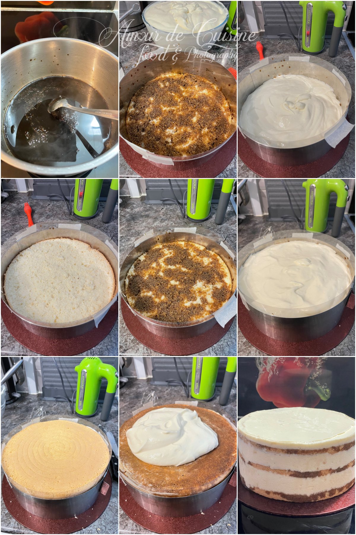 Montage en 9 photos du montage du gâteau tiramisu : sirop café en casserole, génoise imbibée dans un cercle chemisé de rhodoïd, ajout et lissage de la mousse mascarpone, pose des disques successifs, nouvel imbibage au café, couches de mousse, puis gâteau monté avec des étages bien réguliers.