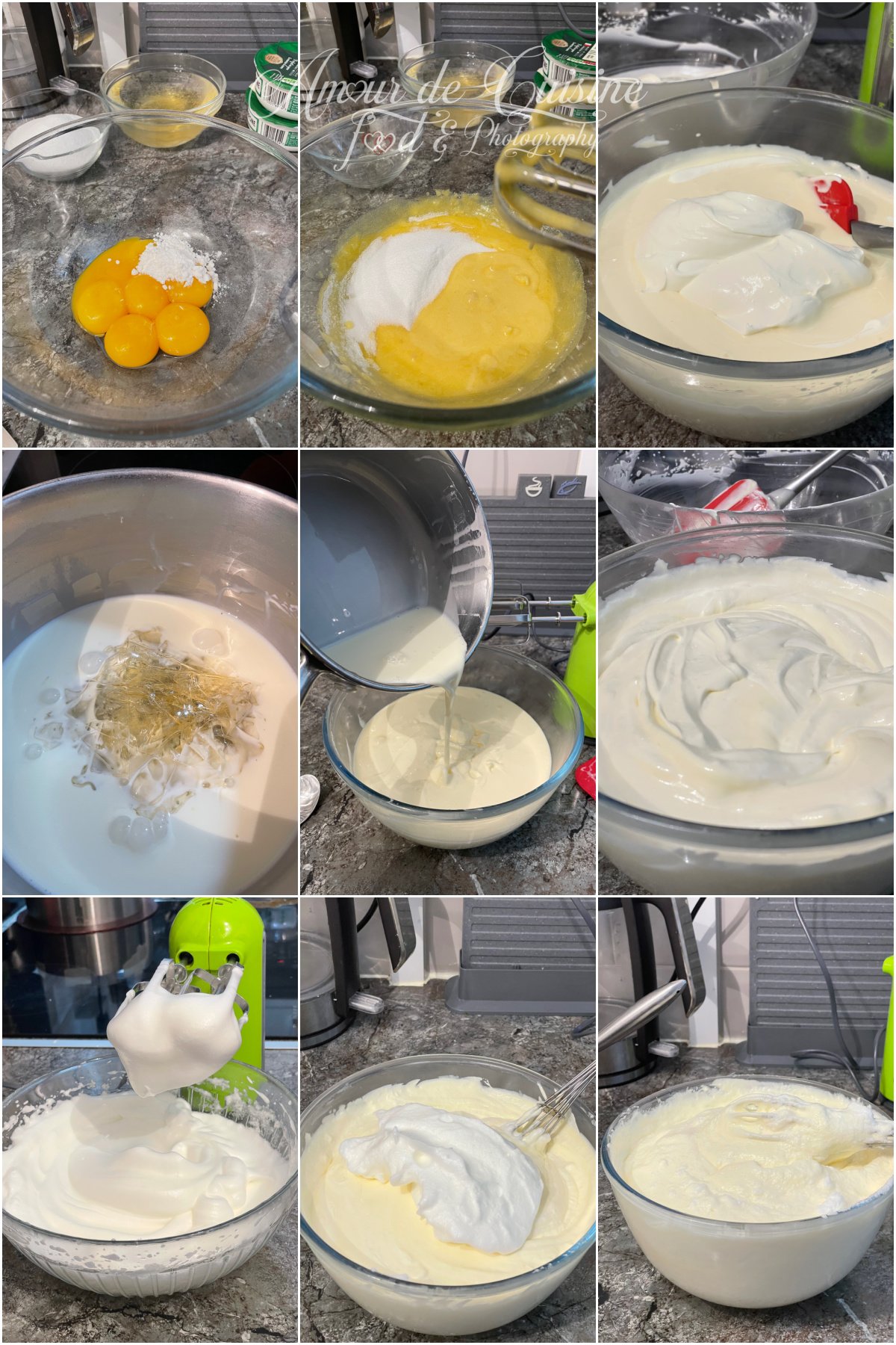 Montage en 9 photos des étapes de la mousse mascarpone : jaunes d’œufs avec sucre, mélange blanchi, mascarpone incorporé, gélatine réhydratée puis dissoute, crème tiède versée, texture lissée, chantilly montée, ajout et incorporation délicate des blancs/chantilly pour obtenir une mousse aérienne.