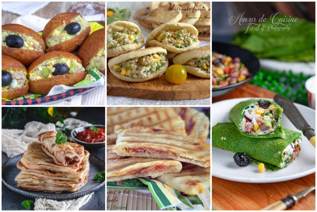 Montage de recettes “street food” au thon : fricassés tunisiens garnis, batbouts farcis au thon et maïs, msemens/galettes farcies, et wraps d’épinards au thon.