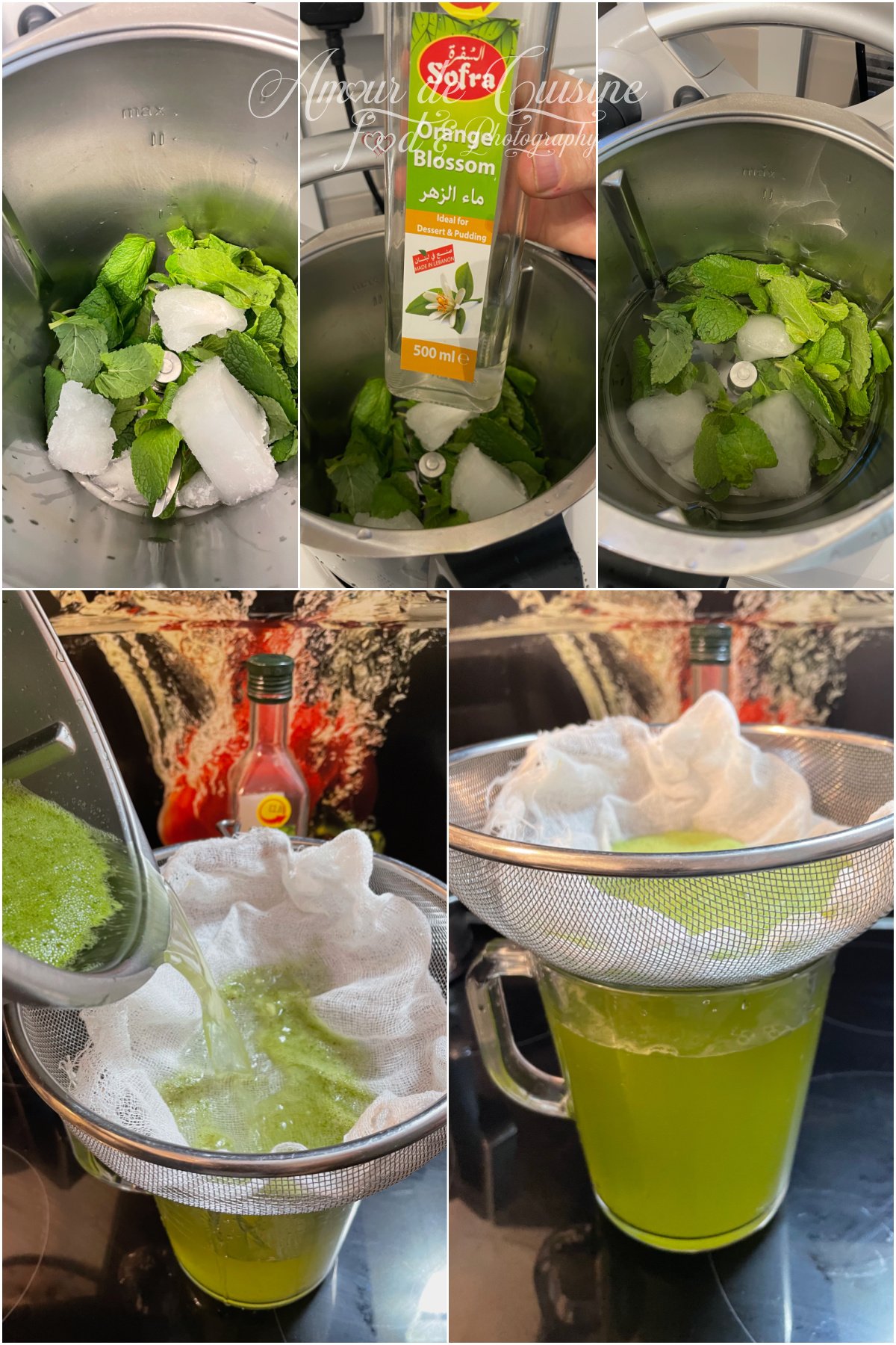 Montage photo des étapes de la citronnade : menthe et glaçons dans le bol du Thermomix, ajout d’eau de fleur d’oranger, puis mélange versé et filtré à travers une mousseline dans un chinois au-dessus d’un pichet pour obtenir une citronnade verte.